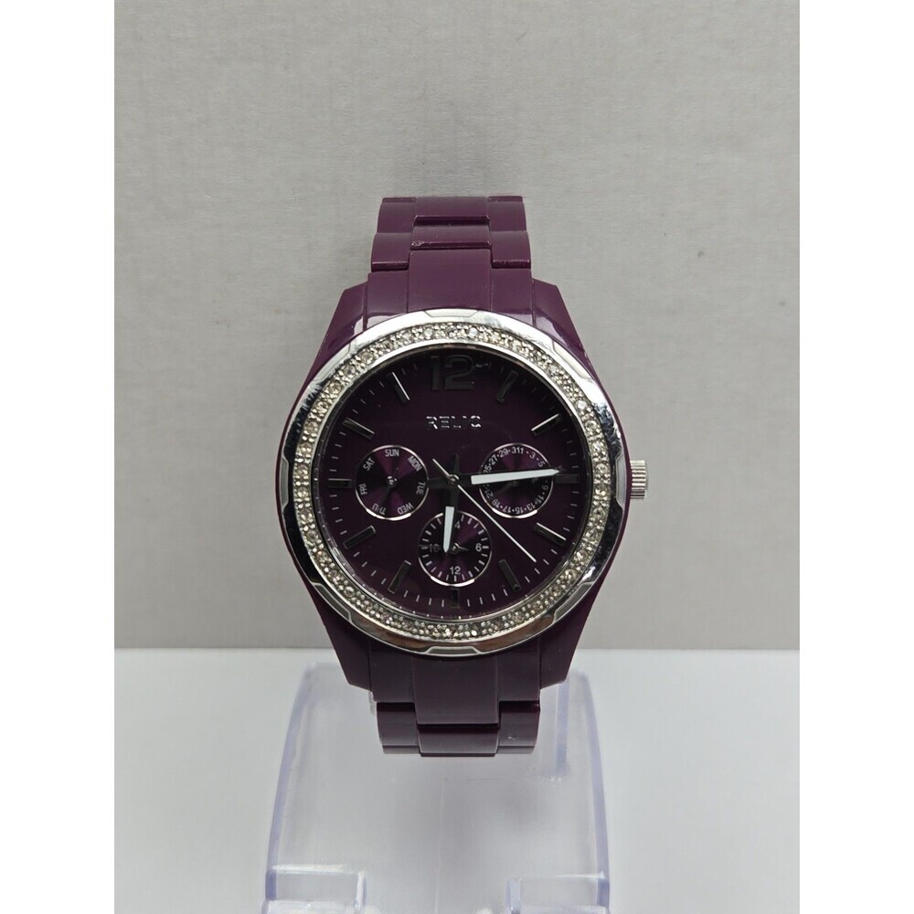 Relic By Fossil Womens Purple Crystal Bezel Multifunction Watch Date New Battery